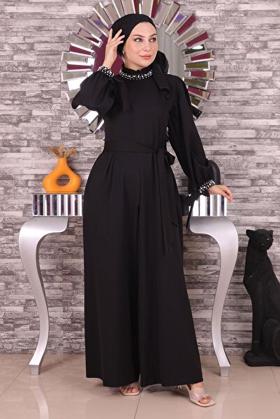 Modamihram Pearl Detailed Jumpsuit Dress Black 19152