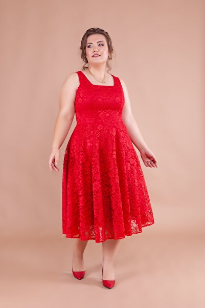 Bidoluelbise Fransız Dantel Kare Yaka Midi Boy Kolsuz Kalın Askılı Büyük Beden Abiye & Davet & Mezuniyet Elbisesi