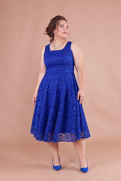 Bidoluelbise Fransız Dantel Kare Yaka Midi Boy Kolsuz Kalın Askılı Büyük Beden Abiye & Davet & Mezuniyet Elbisesi