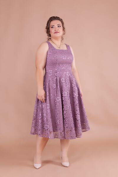 Bidoluelbise Fransız Dantel Kare Yaka Midi Boy Kolsuz Kalın Askılı Büyük Beden Abiye & Davet & Mezuniyet Elbisesi