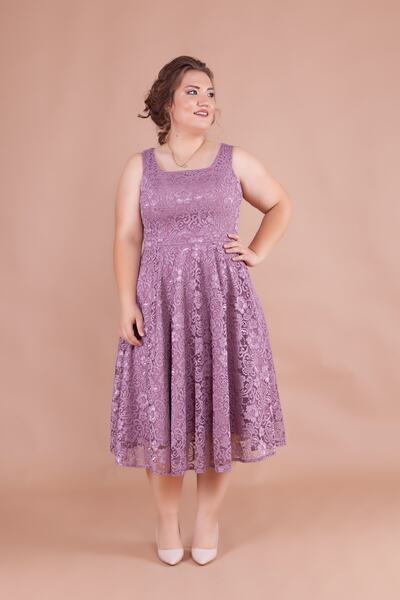 Bidoluelbise Fransız Dantel Kare Yaka Midi Boy Kolsuz Kalın Askılı Büyük Beden Abiye & Davet & Mezuniyet Elbisesi