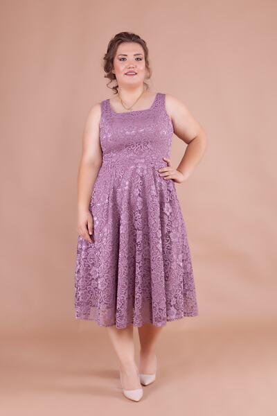 Bidoluelbise Fransız Dantel Kare Yaka Midi Boy Kolsuz Kalın Askılı Büyük Beden Abiye & Davet & Mezuniyet Elbisesi