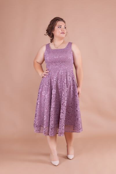 Bidoluelbise Fransız Dantel Kare Yaka Midi Boy Kolsuz Kalın Askılı Büyük Beden Abiye & Davet & Mezuniyet Elbisesi