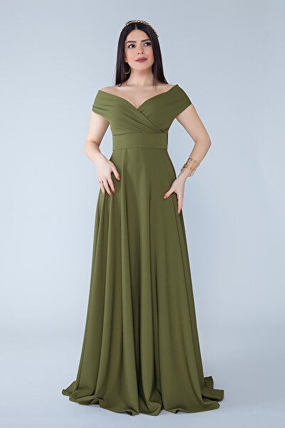 Bidoluelbise Kayık Kruvaze Yaka Düşük Omuz Dokuma Dökümlü Kumaş Maxi Boy Davet & Mezuniyet & Abiye Elbise