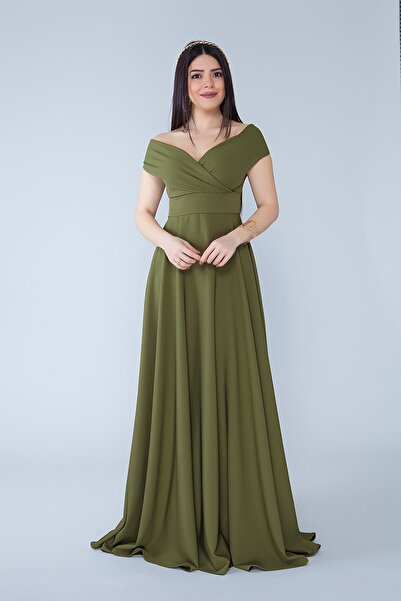 Bidoluelbise Kayık Kruvaze Yaka Düşük Omuz Dokuma Dökümlü Kumaş Maxi Boy Davet & Mezuniyet & Abiye Elbise