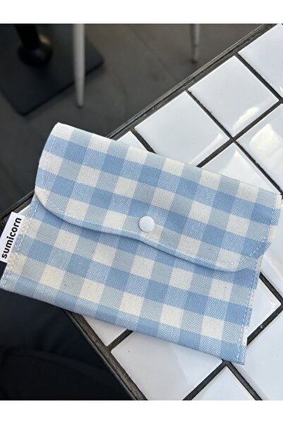 Sumicorn Design Mavi Pötikareli Yıkanabilir Çıtçıtlı Keten Ped Çantası, Mini Cüzdan, Çanta Içi Düzenleyici
