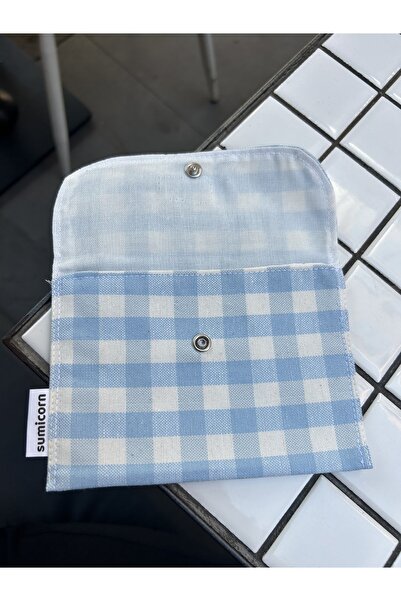 Sumicorn Design Mavi Pötikareli Yıkanabilir Çıtçıtlı Keten Ped Çantası, Mini Cüzdan, Çanta Içi Düzenleyici