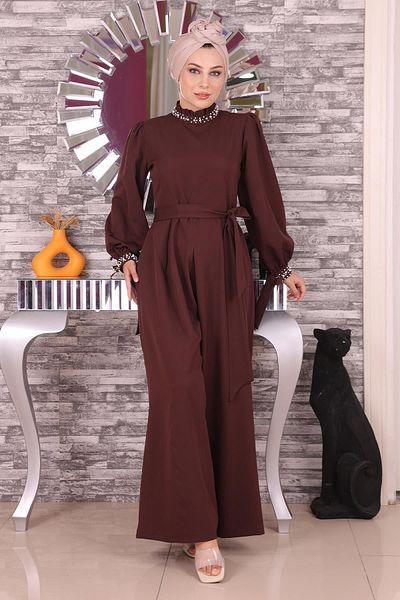 Modamihram Pearl Detailed Jumpsuit Dress Brown 19152