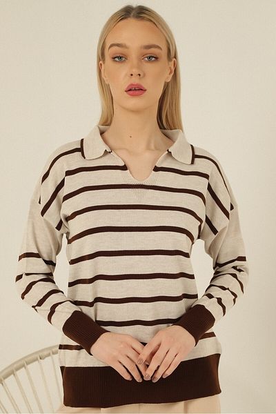 VEGENZE Beige Brown Striped Polo V-Neck Fine Knitwear Sweater