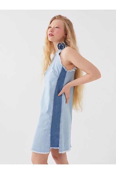 LC Waikiki Γυναικείο Jean Φόρεμα Halter Neck Color Blocked