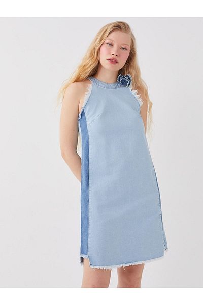 LC Waikiki Γυναικείο Jean Φόρεμα Halter Neck Color Blocked