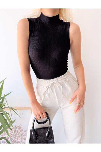 schlank Γυναικεία μαύρη αμάνικη μπλούζα με γιακά καμιζόλα βισκόζης