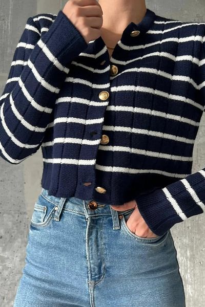MODAGEN Women's Striped Gold Buttoned Knitwear Cardigan