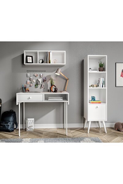 MERLİN MOBİLYA Major Beyaz 3 Duvara Monte Parçalık Çalışma Masası Seti