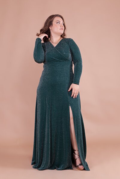 Bidoluelbise فستان مقاس كبير من القماش المرن اللامع ذو الصدر المزدوج وفتحة ال...