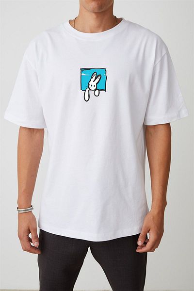 THEWERT Unisex Rabbit Printed White Oversize Tshirt