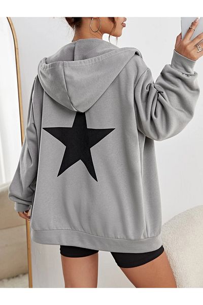 Machetta Women's LosAngelas - Star Back and Front Print Detailed 3 Thread Zippered Hooded Smoke Gray Jacket