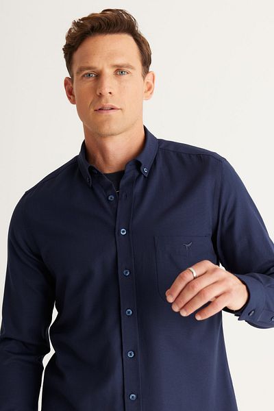AC&Co / Altınyıldız Classics Men's Navy Blue Slim Fit Narrow Cut Button Collar Cotton Oxford Shirt