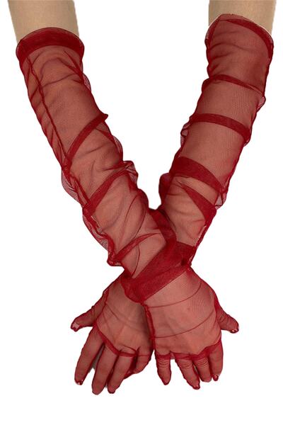 Hayalperest boncuk Kırmızı Şık Gelin Eldiveni Tül Eldiven Nikah Eldiveni Kostüm Eldiveni