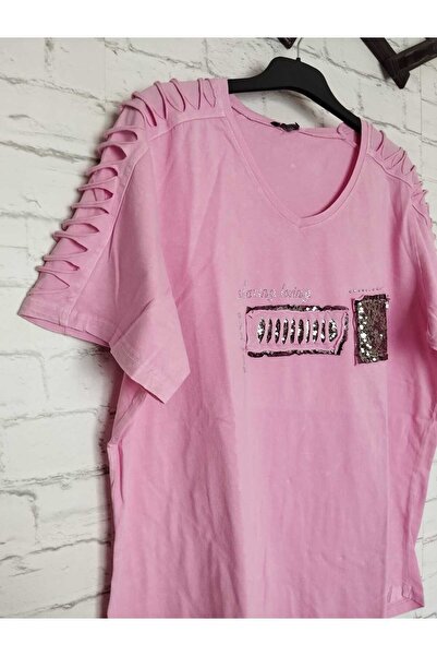 anne moda ankara Μπλούζα με κοντομάνικο μοτίβο με λέιζερ 100% βαμβακερό τριμμένο με λάμψη