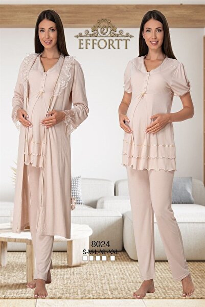 BLACKMORE طقم بيجامة للحوامل وثوب نوم من الدانتيل باللون البني الحليبي للنساء مكون من 4 قطع