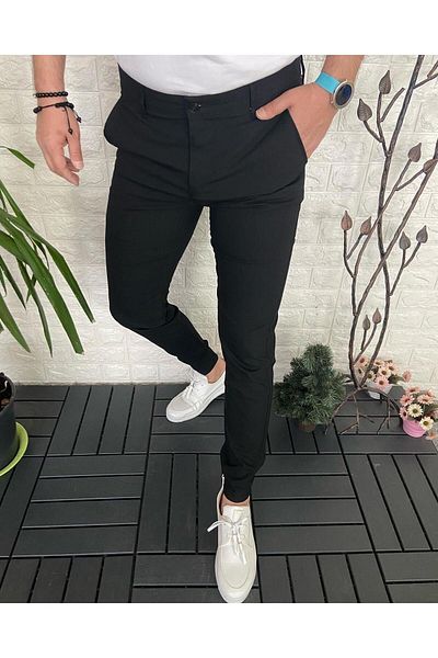 MODAMESTO Men's Black Slim Fit Fabric Trousers