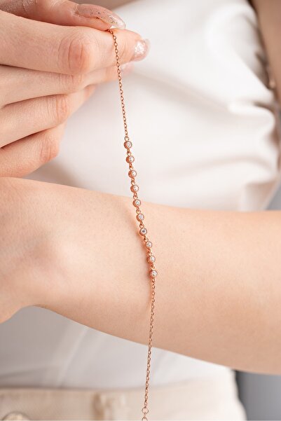 Nereze 925 Ayar Gümüş Rose Minik Sıralı Zirkon Taşlı Sade Bileklik