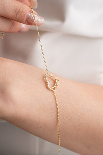 Nereze 925 Ayar Gümüş Gold 3 Sıra Kalpli Kalp Tasarım Bileklik