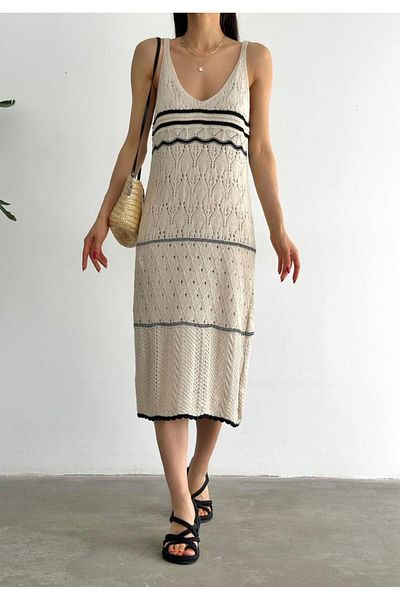 Pek Moda Γυναικείο Μπεζ λουράκι διάτρητο μαύρο ριγέ καλοκαιρινό πλεκτό φόρεμα