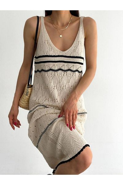 Pek Moda Γυναικείο Μπεζ λουράκι διάτρητο μαύρο ριγέ καλοκαιρινό πλεκτό φόρεμα