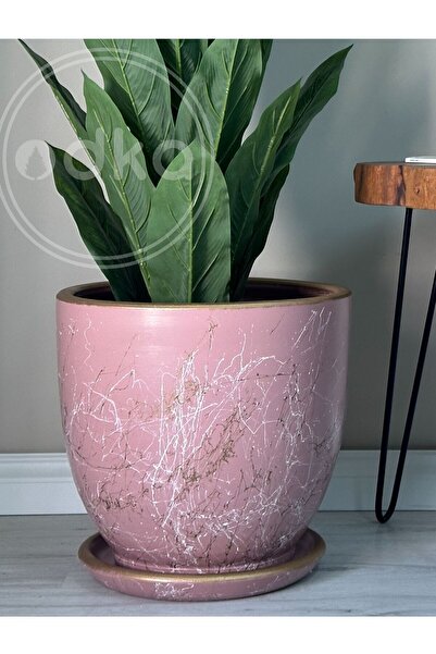 odka Klasik Saksı Tabaklı 25cmx23cm Pembe Beyaz Gold