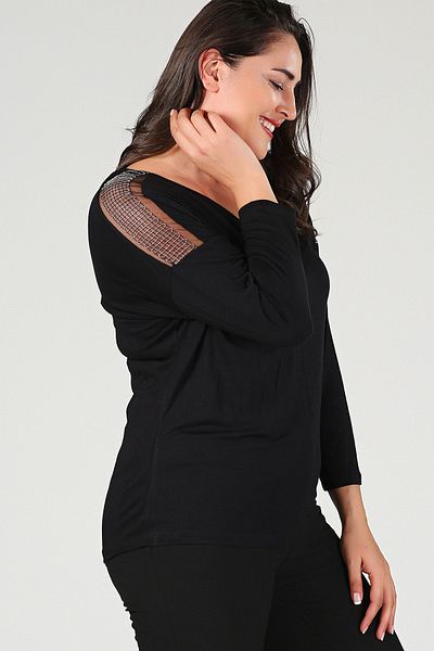 Moda Cazibe Γυναικεία μαύρη αλυσίδα ώμου από τούλι μακρυμάνικη μπλούζα M9253