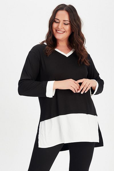 Curvy Trend Λεπτομερές τουνίκ εκρού ποπλίνα με γιακά με μανίκια
