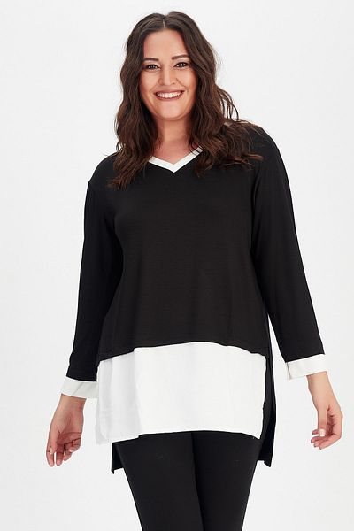 Curvy Trend Λεπτομερές τουνίκ εκρού ποπλίνα με γιακά με μανίκια