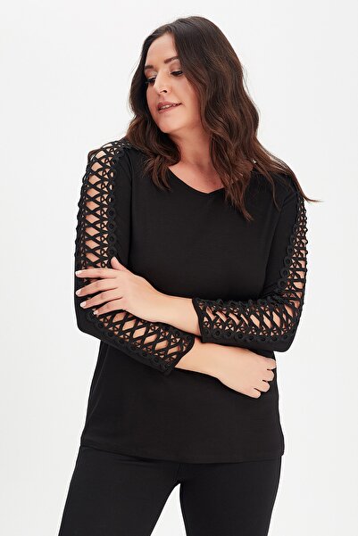 Moda Cazibe Women's Black Plus Size Top Guipure Long Sleeve Blouse