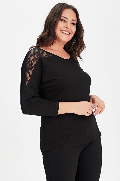 Moda Cazibe Γυναικεία μαύρη μακρυμάνικη μπλούζα Roba Lace με λεπτομέρειες