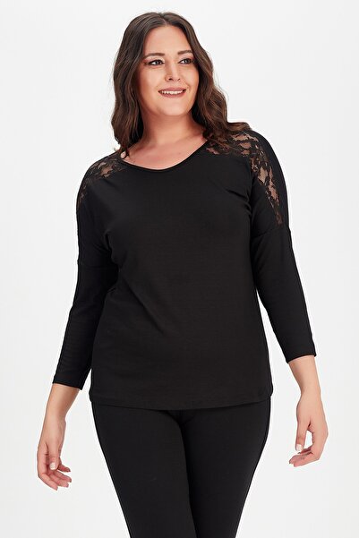 Moda Cazibe Γυναικεία μαύρη μακρυμάνικη μπλούζα Roba Lace με λεπτομέρειες