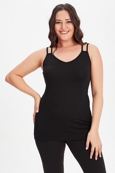 Moda Cazibe Women's Black V-Neck Double Piping Tank Top Blouse
