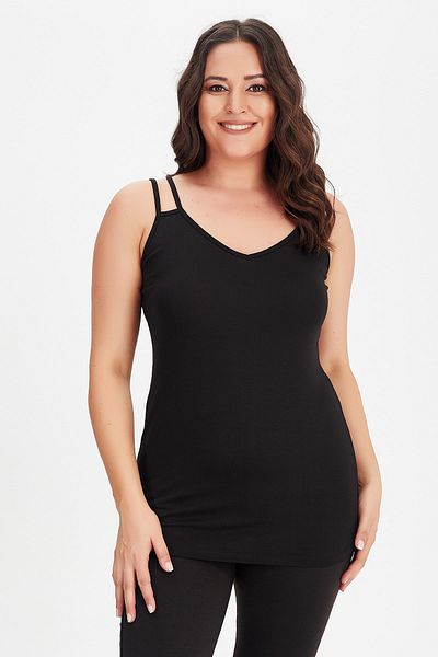 Moda Cazibe Women's Black V-Neck Double Piping Tank Top Blouse