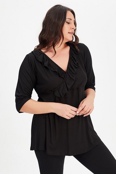 Moda Cazibe Women's Black Plus Size Double-breasted Ruffle Collar Three-quarter Sleeve Blouse