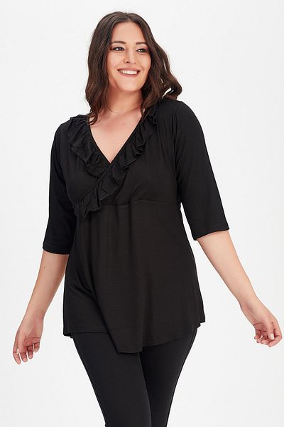 Moda Cazibe Women's Black Plus Size Double-breasted Ruffle Collar Three-quarter Sleeve Blouse