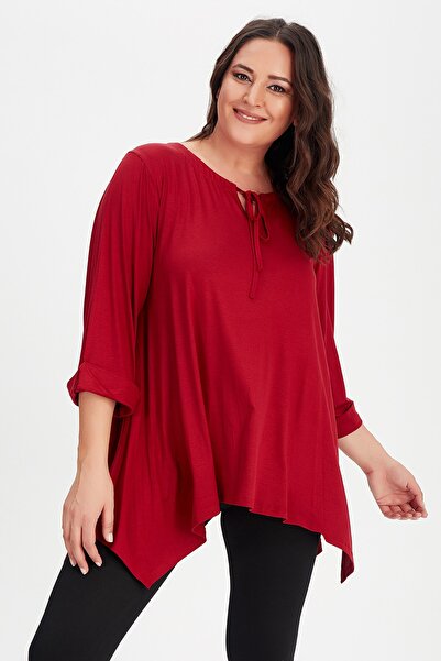 Moda Cazibe Women's Burgundy Large Size Collar Lace-up Sleeve Folded Side Slit Tunic