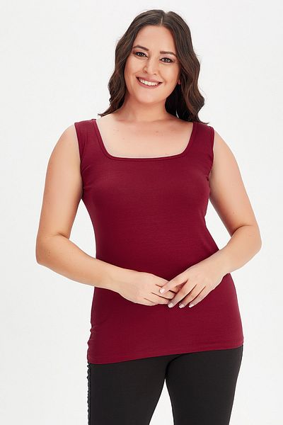 Moda Cazibe Women's Burgundy Large Size Square Collar Thick Strap Undershirt Blouse