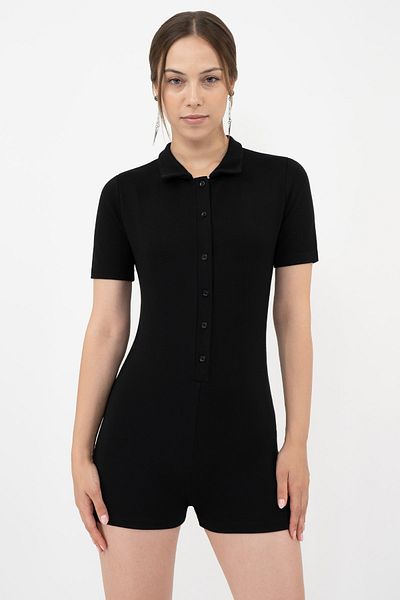 Soyo Women's Black Polo Neck Short Sleeve Button-Front Viscose Mini Jumpsuit