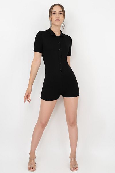 Soyo Women's Black Polo Neck Short Sleeve Button-Front Viscose Mini Jumpsuit