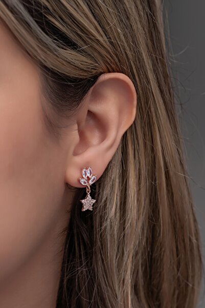 Nereze 925 Ayar Gümüş Mekik Zirkon Taşlı Sallantılı Minik Yıldız Küpe