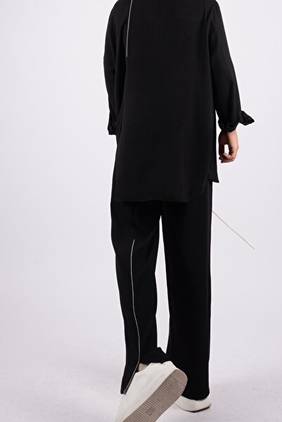 LoFiBuy Unisex Çift Yırtmaç Siyah Oversize Rahat Kalıp Alt Üst Takım