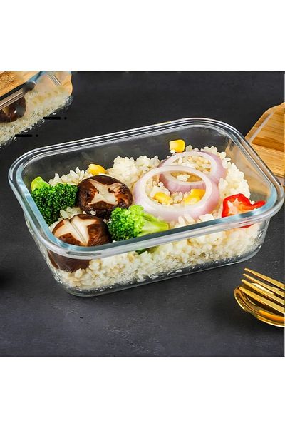 morponi 2-Piece Rectangular Vacuum Bowl Glass Storage Container with Bamboo Lid (1000 ml)