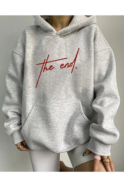 AMMA Φούτερ με κουκούλα Unisex Grey The End Printed Oversize