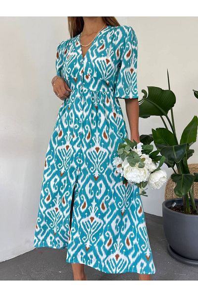Fav Style Rochie de damă cu mânecă scurtă, cu model, cu închidere cu nasturi, cu decolteu în V, lungă din viscoză, turcoaz